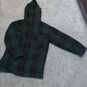 green and black hooded flannel jacket